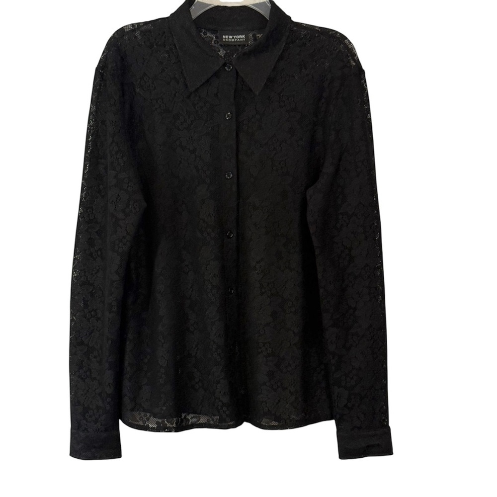 New York & Company Y2K Sheer Floral Lace Button Down Shirt Goth Romance Black XL